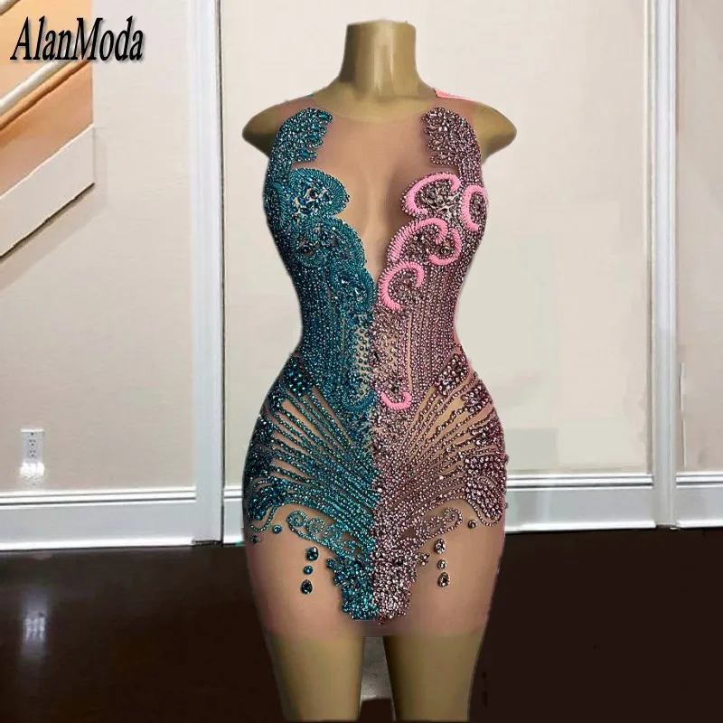 

Luxury Pink and Blue Diamond Short Prom Dresses 2023 Women Birthday Party Gowns Sexy See Through Vestidos De Graduación