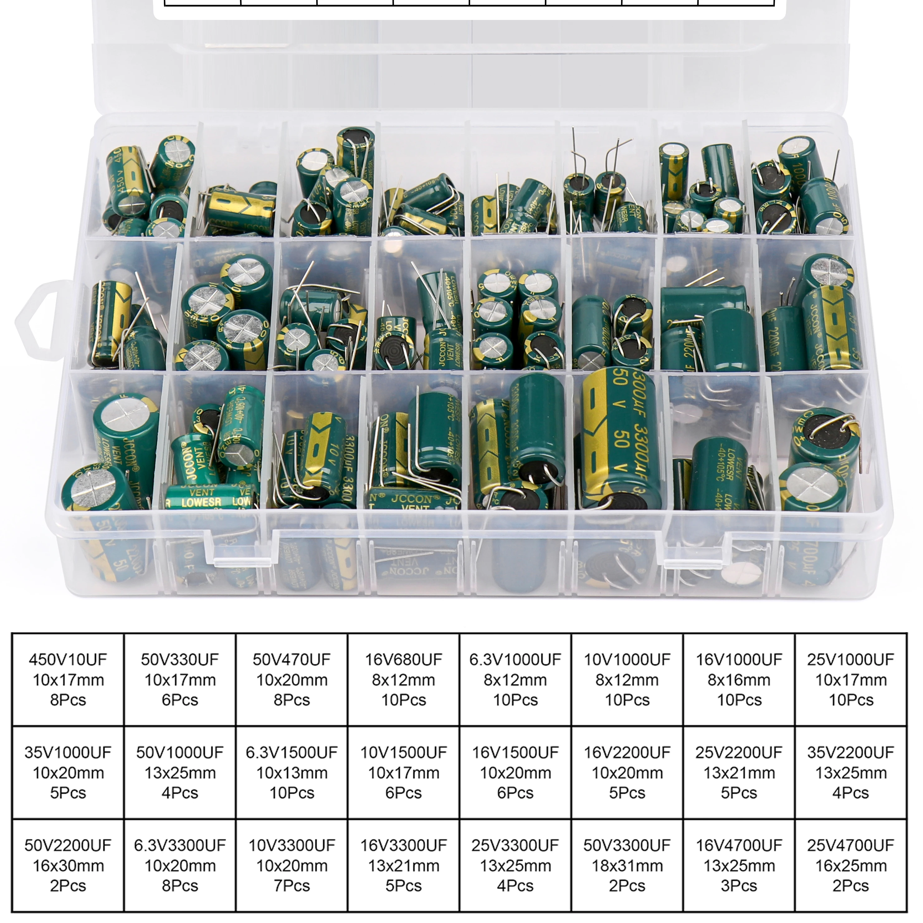 150Pcs JCCON Aluminium-elektrolytkondensator Kit 24Values 6,3 V-450V Kondensatoren Sortiment Kit 680UF 1000UF 2200UF 3300UF 4700UF – Detail 5