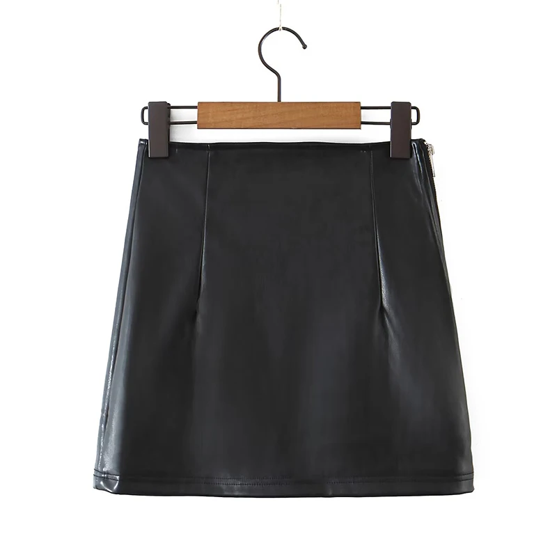 

Fashion Women Side Zipper High Waist Black Faux Leather PU Mini Skirt