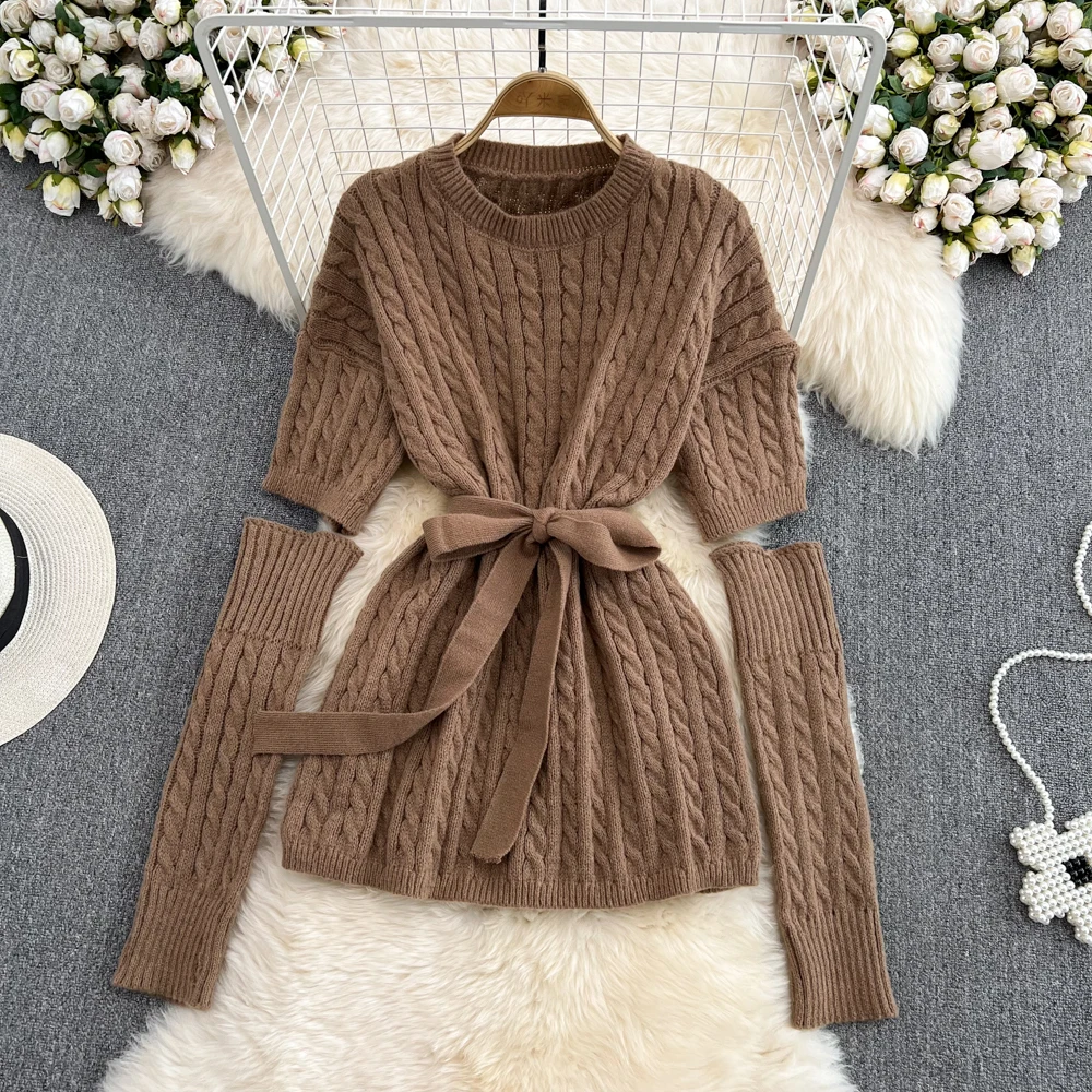 

Autumn and winter lazy wind short-sleeved pullover round neck loose waist A-line twist knitted sweater dress with sleeves