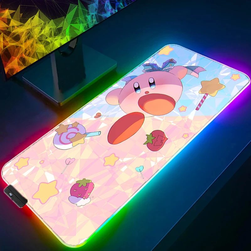 Cute Kirby Anime Pink Large RGB Mousepad PC Accessories Anti Slip Game Office Mat LED Backlit Laptop Game Rubber Soft Table Pad pink and green marble mouse pad beautiful marbled ink art mouse pad for women non slip rubber base mousepad for computer laptop