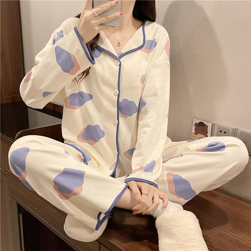 Spring Autumn Women's Milk Silk Pajamas Long Sleeve Cardigan Pants Loose Casual Home Clothing Set Cartoon Cute Sweet Sleepwear