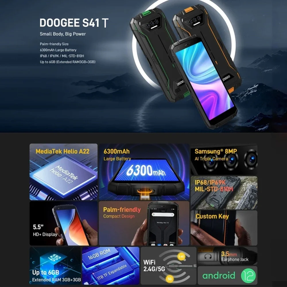DOOGEE S41T 4G Rugged Smartphones 5.5Inch HD Screen 13MP Triple Camera Octa Core 4GB+64GB Android 12 Mobile Phone 6300mAh NFC