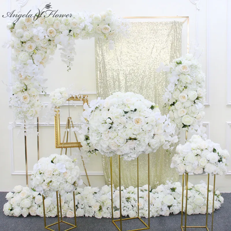 Luxury White Wedding Floral Set Rose Orchid Artificial Flower Row Arrangement Table Centerpiece Ball Welcome Sign Party Props