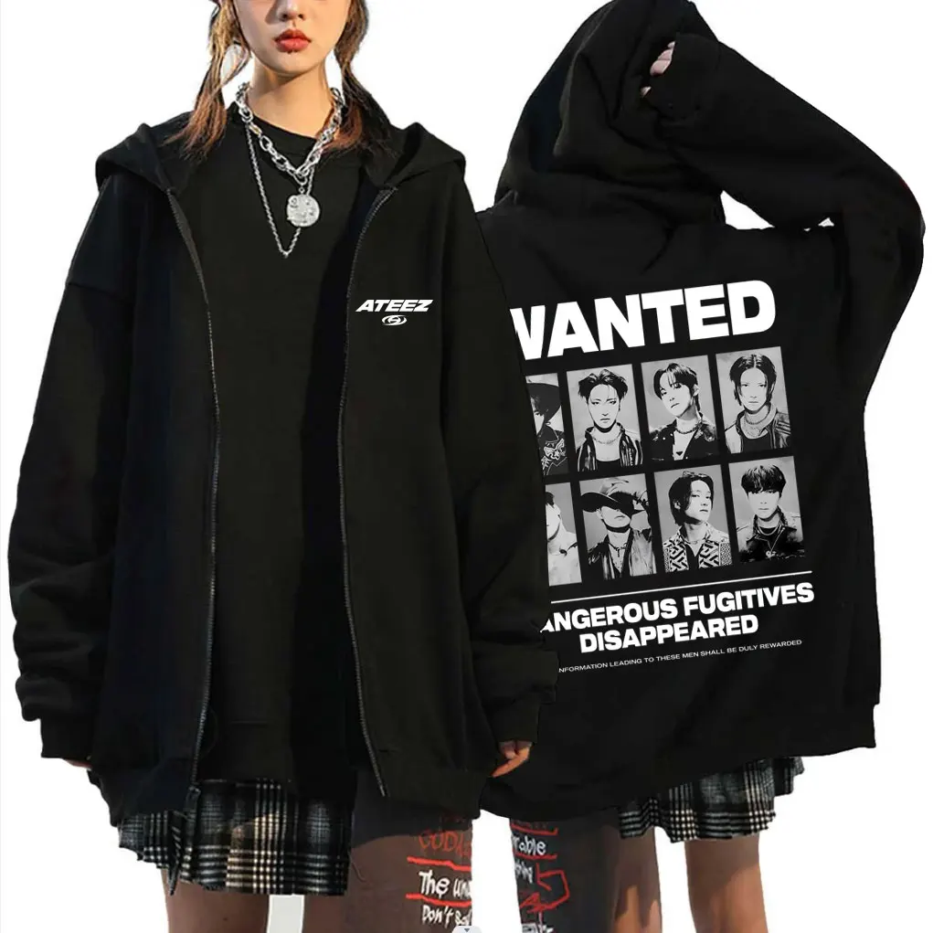 Kpop ATEEZ Wanted Dangerous Fugitives Disappeared Grafik-Kapuzenpullover mit Reißverschluss für Männer und Frauen, koreanischer Modetrend, Reißverschlussjacke, Sweatshirt
