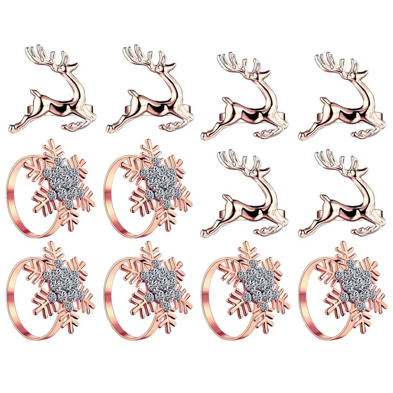 

12Pcs Christmas Napkin Rings Set, Elk Napkin Rings And Rhinestone Snowflake Napkin Rings For Christmas Party Supplies