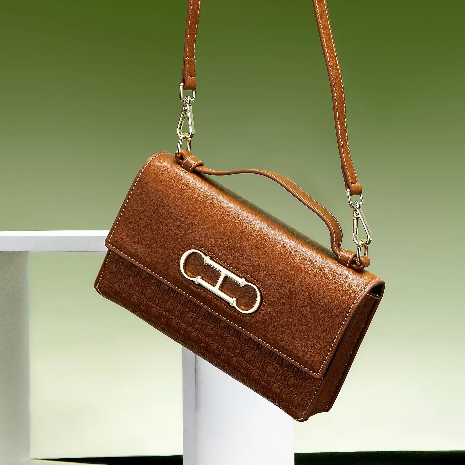CH Premium Leather Handbag Monogram Embossing Metallic Clasp Portable Handle Structured Silhouette Ideal Office Evening Events 5