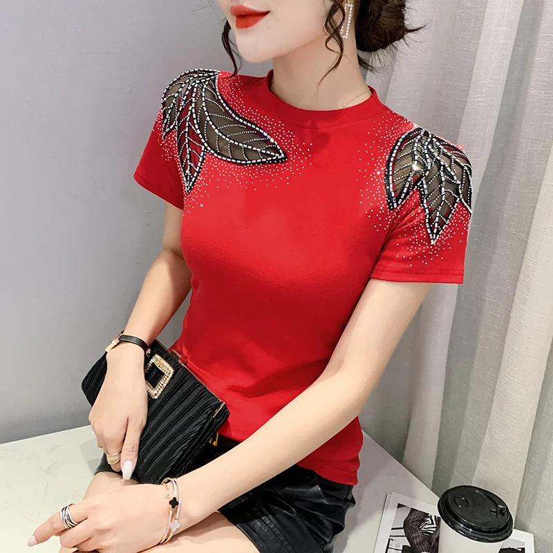 

2022 Fashion Summer Cotton T-Shirt Hollow Out Lace Diamonds Short Sleeve Top Female Shiny Drill Sexy T Shirt Slim Fit Women Tops