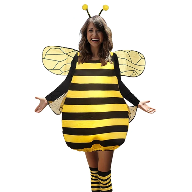 Women Halloween Outfit Long Sleeve Striped Patchwork Bee Costume Knee-high Socks Hair Hoop Cosplay Outfit