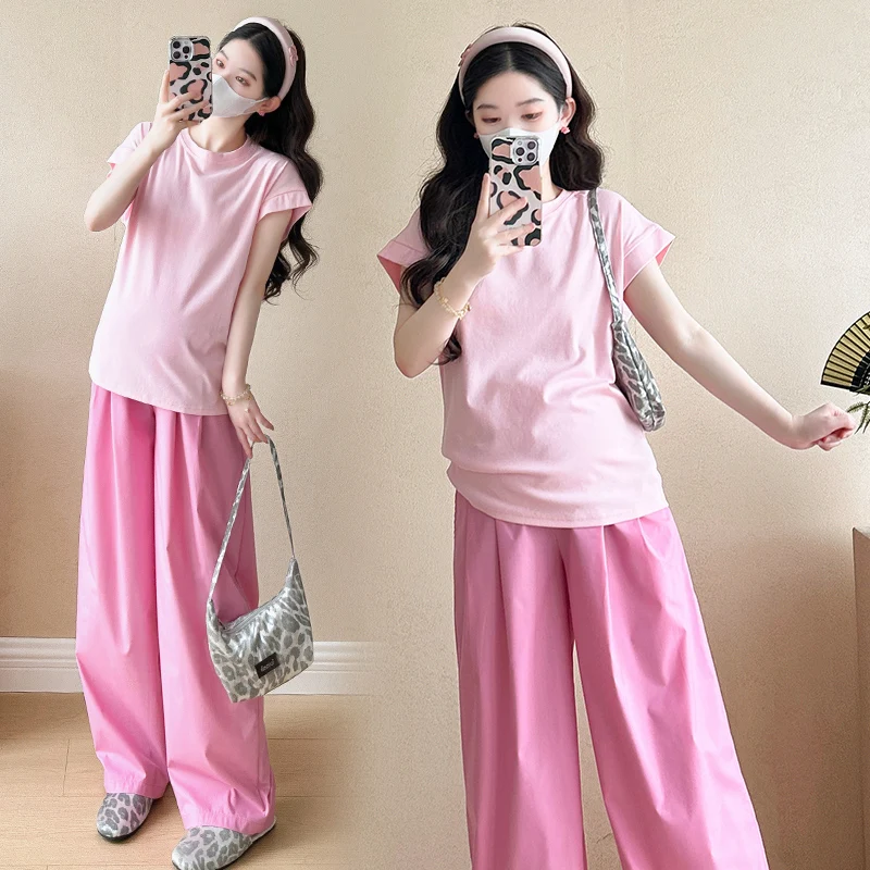 Summer Maternity Clothes Set Short Sleeve O-Neck Cotton Top+Belly Pants Two Pieces Suits Office Lady Elegant Pants Twinset
