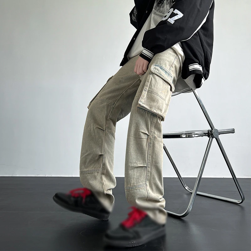 

American Vintage Jeans Multi-Pocket Street Trend Funky Classic Straight Pants Fashion Casual High Street Peplum Apparel for Men