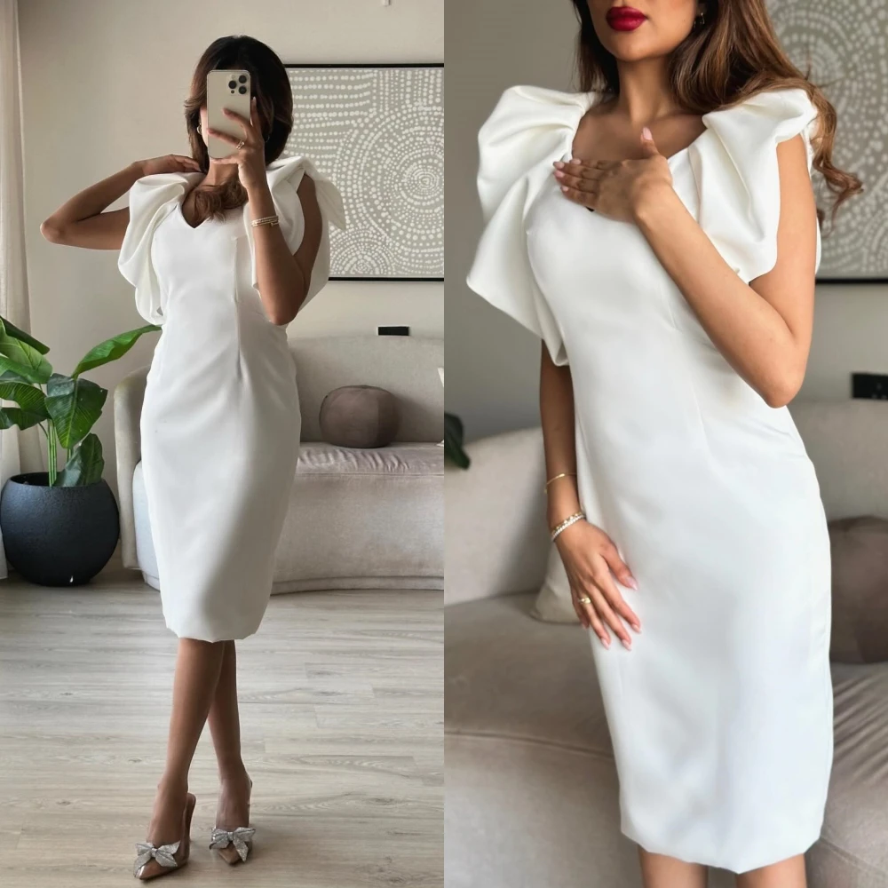 Prom Dress Saudi Arabia Satin Ruffles Pleat Homecoming Sheath V-Neck Bespoke Occasion Gown Knee Length Dresses janevini charming lace homecoming dresses with pearls crystal short knee length robe courte formal gown vestidos graduacion 2019