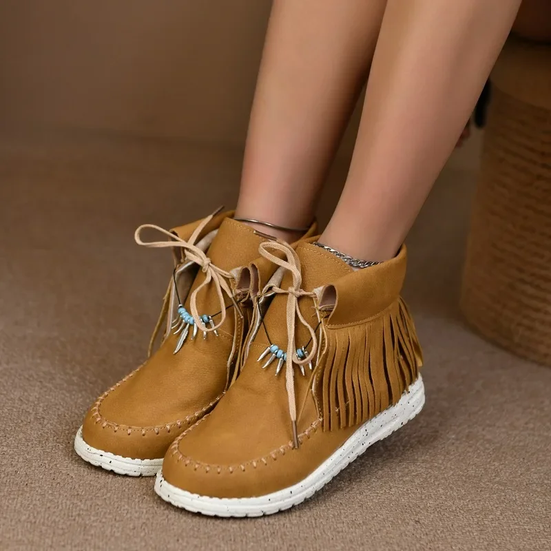 2024 Autumn Women's Casual Comfortable Ankle Snow Boots Retro Solid Color Lace Up Round Toe Flat Heel Casual Walking Shoes 36-43