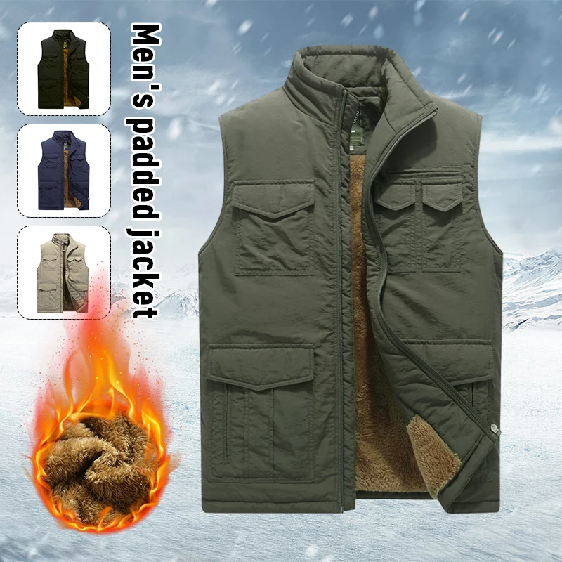 2023 Multi Pocket Plush Men's Vest Thickened Fleece-Lined Stand Collar Vest Outdoor Casual Waterproof Camouflage Fishing Vests