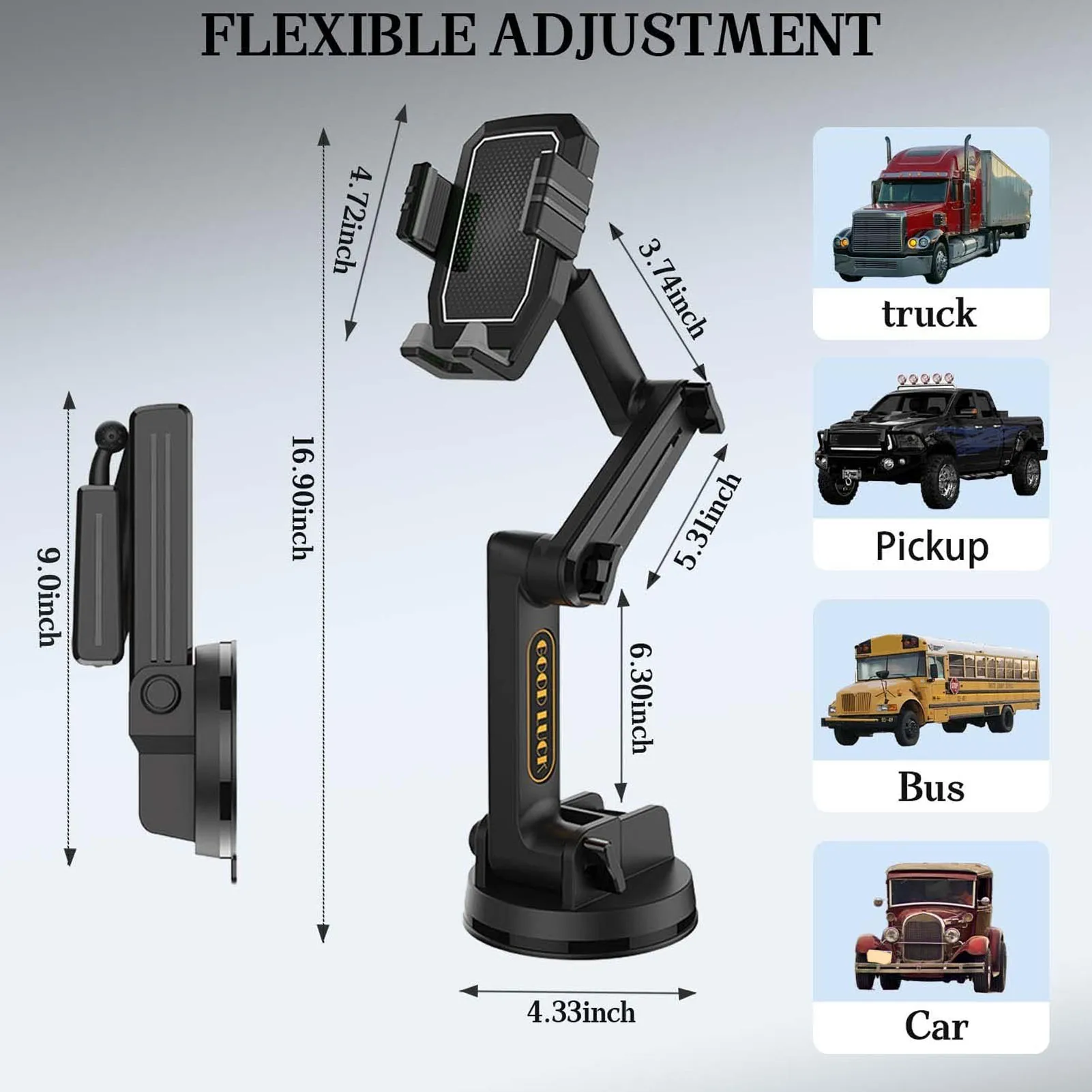 Heavy-Duty Dashboard Phone Holder with Long Stabilizing Arm and Super Suction Cup - Black