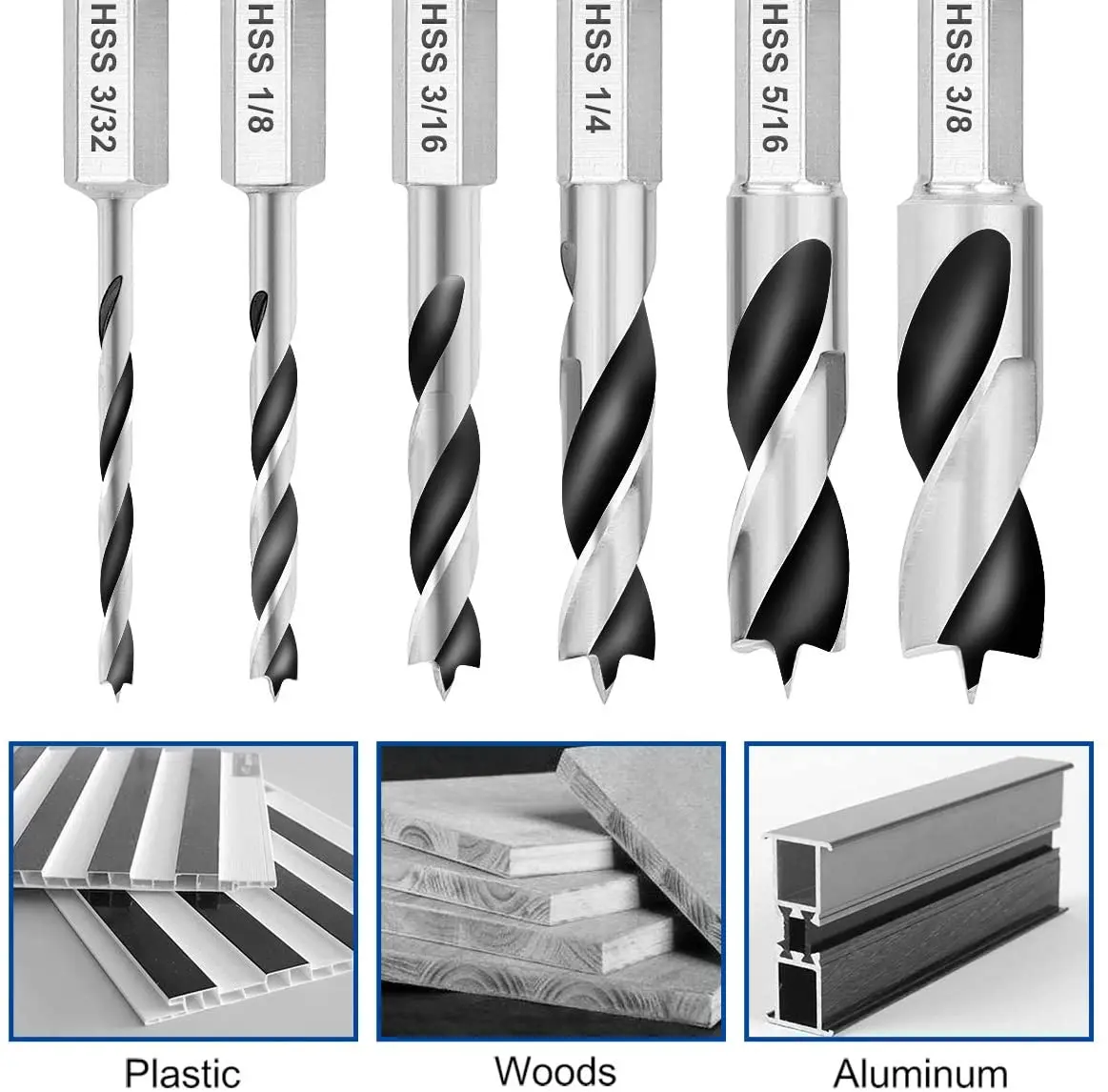 Drill Bits For Wood Yakamoz 6Pcs 1/4 Inch Quich Change Hex Shank Stubby Drill Bit Set For Wood Stubby Brad Point Short Drill Bits Imperial Brad Point Drill Bits