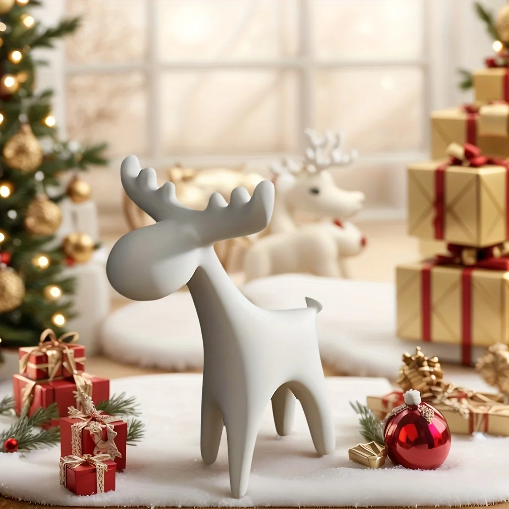 White Modern Minimalist Deer Statue – Elegant Small Stag Sculpture with Large Antlers, Cute Plastic Animal Decoration