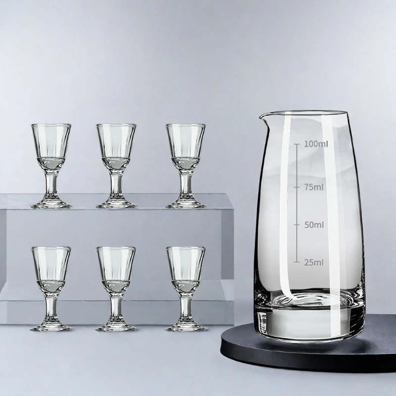 100ml Wine Dispenser Transparent Baijiu Pot Party Luxury Wine Decanter 10ml 4pcs Sets Shot Glass High Footed Small Glass