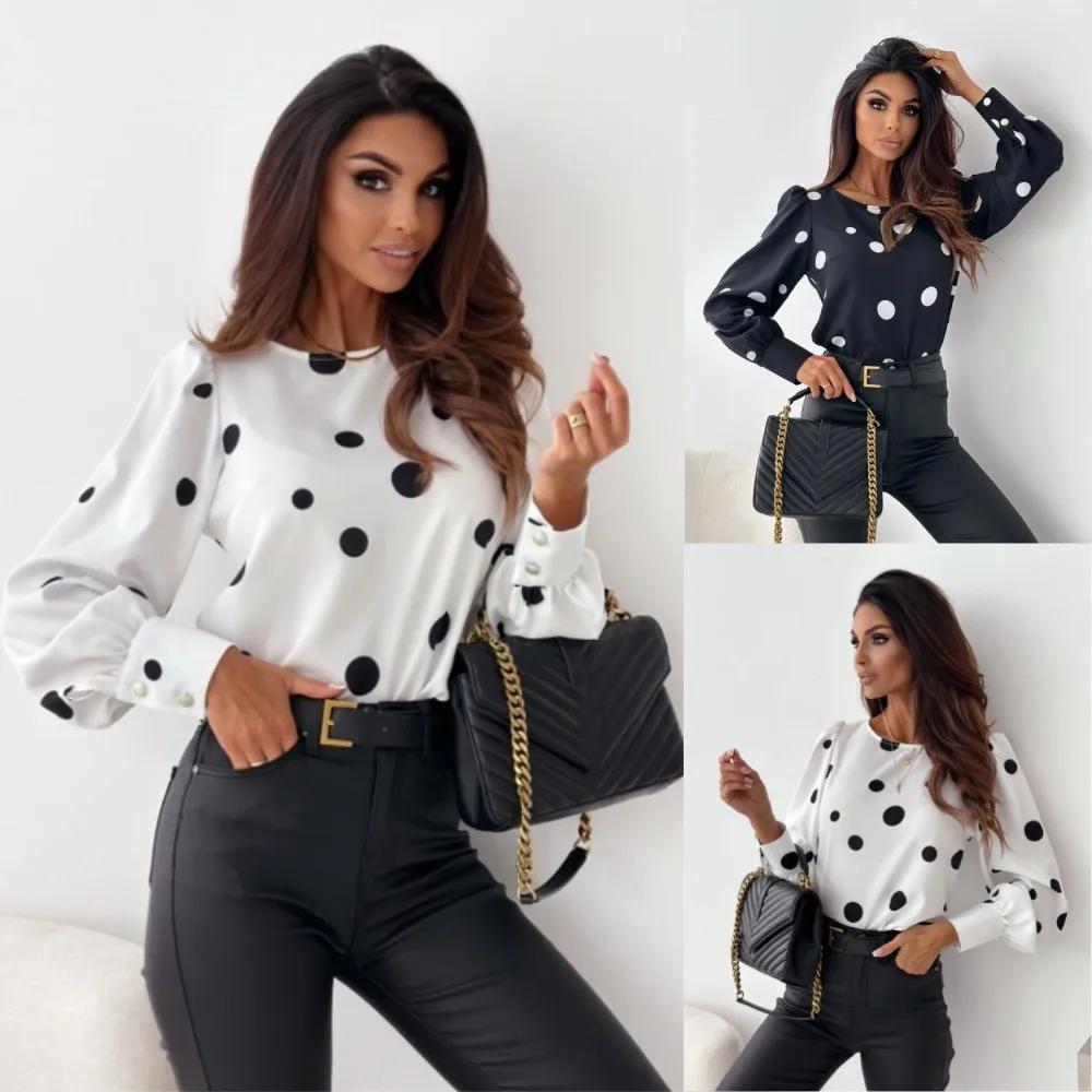 

Women Dot Print 2024 Spring Autumn Pullover Blouse O Neck Long Sleeve Black White Casual Feminine Sweet Shirts Tops Blusas