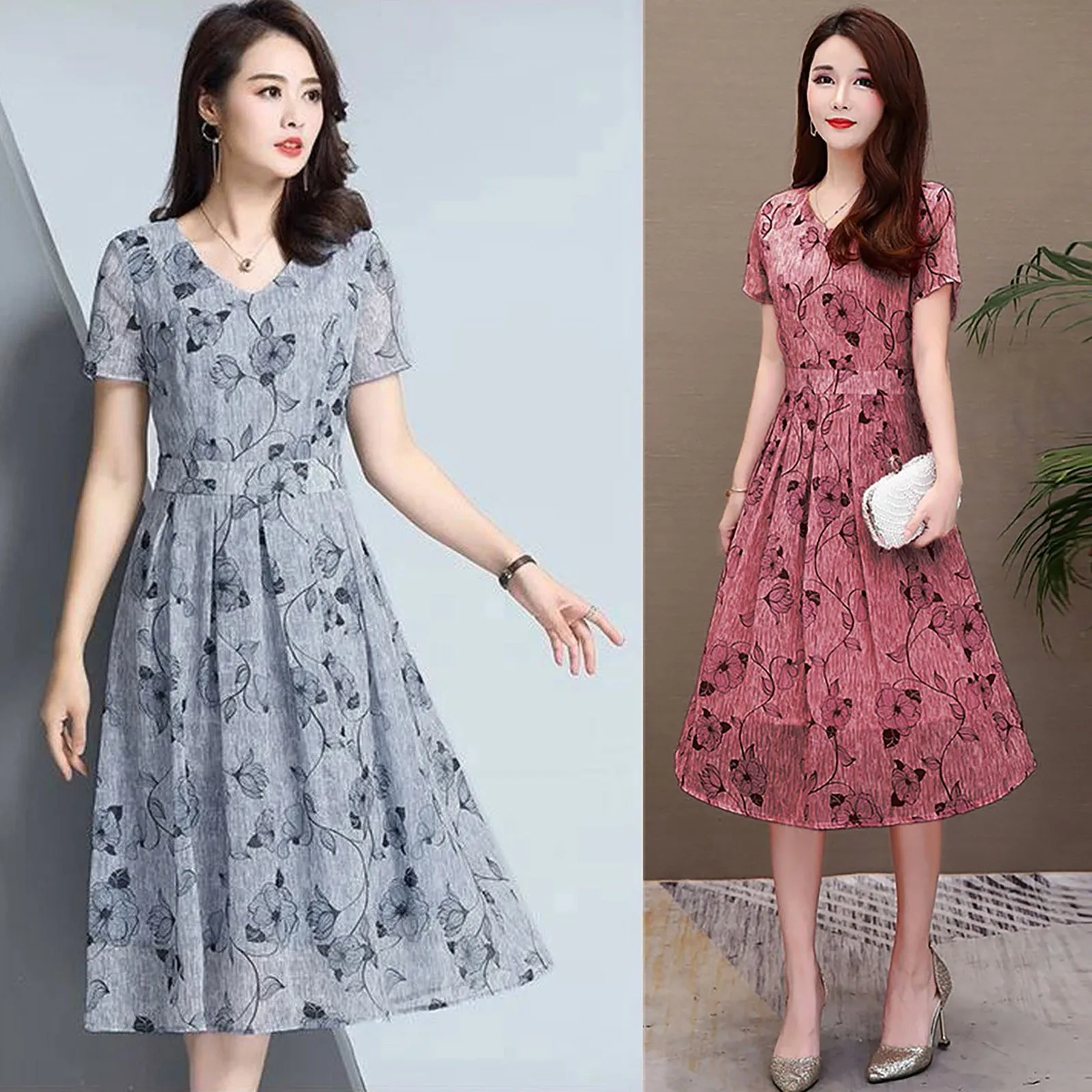 

Fashion Women Casual Floral Printed Sundress Summer V-Neck Short Sleeve A-Line Dress Casual Comfortable Party Long Dress Vestido