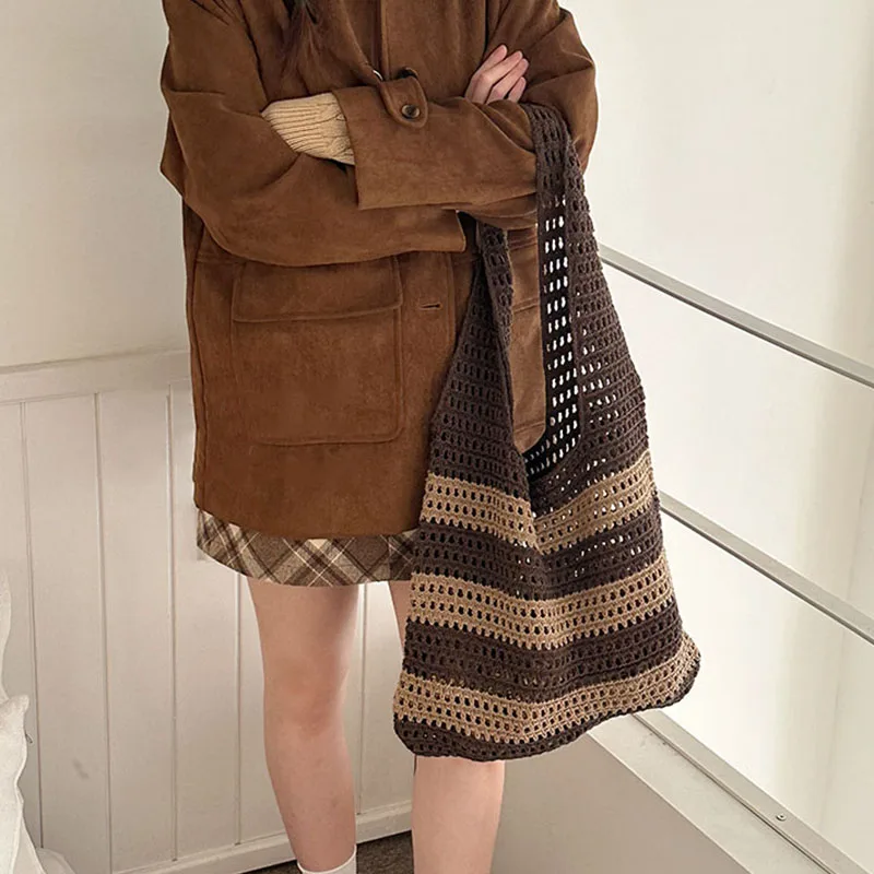 Women's Aesthetic Contrast Color Knitted Shoulder Bag Hollow out Stripe Tote Handbag Woven Female Knitting Fashion Accessory