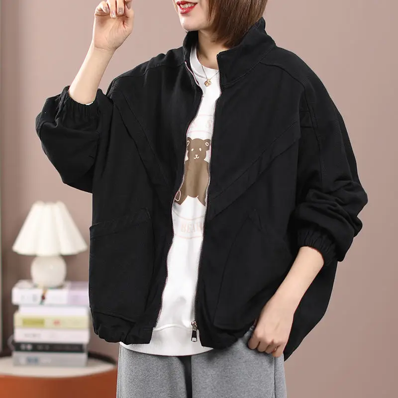 Solid Color Short Cotton Jacket Women's Spring Autumn 2022Korean Loose Shirt Thin Black Stand-Up Collar Trench Women Zipper Top