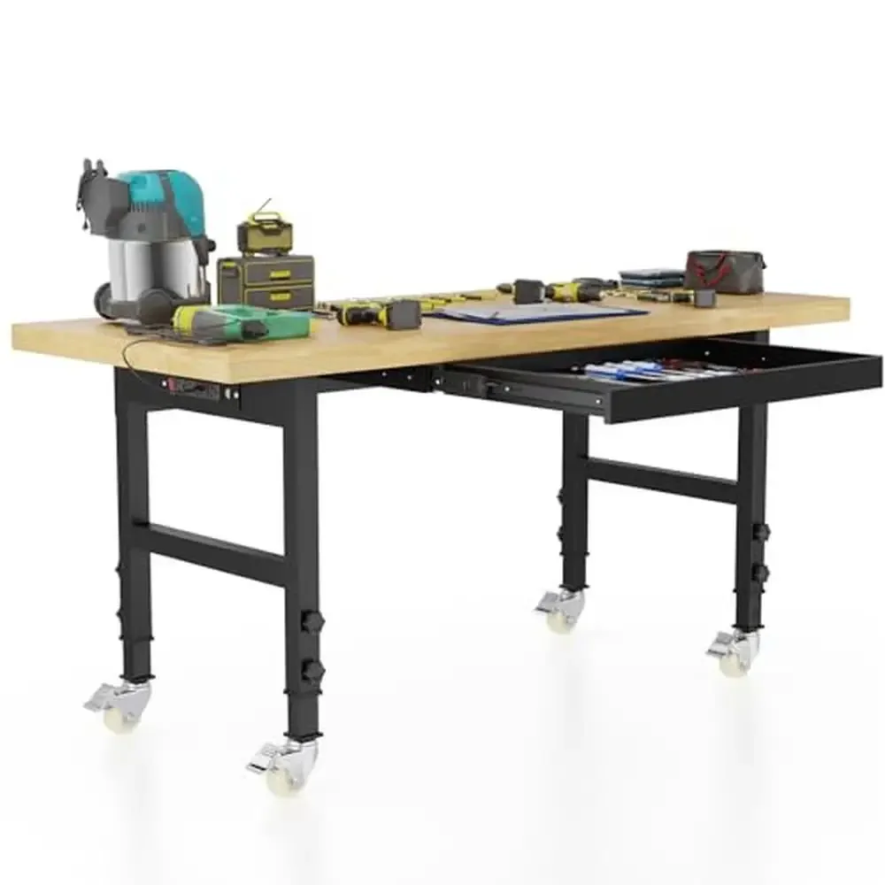 Adjustable Rolling Workbench Table with Power Outlet & Drawer Garage 60'' Work Bench with Wheels Heavy Duty Load Capacity woodworking bench woodworking workbench portable workbench