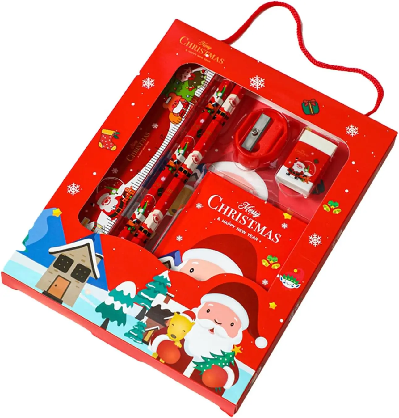 6PCS Christmas Stationery Gift Set Christmas Goodie Bag Fillers Include Pencil Eraser Ruler Sharpener Christmas Decoration