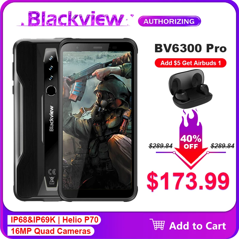 

Blackview BV6300 Pro 6GB+128GB Helio P70 Octa Core IP68 Waterproof Smartphone Quad Cameras Android 10.0 NFC Mobile Phone 4380mAh