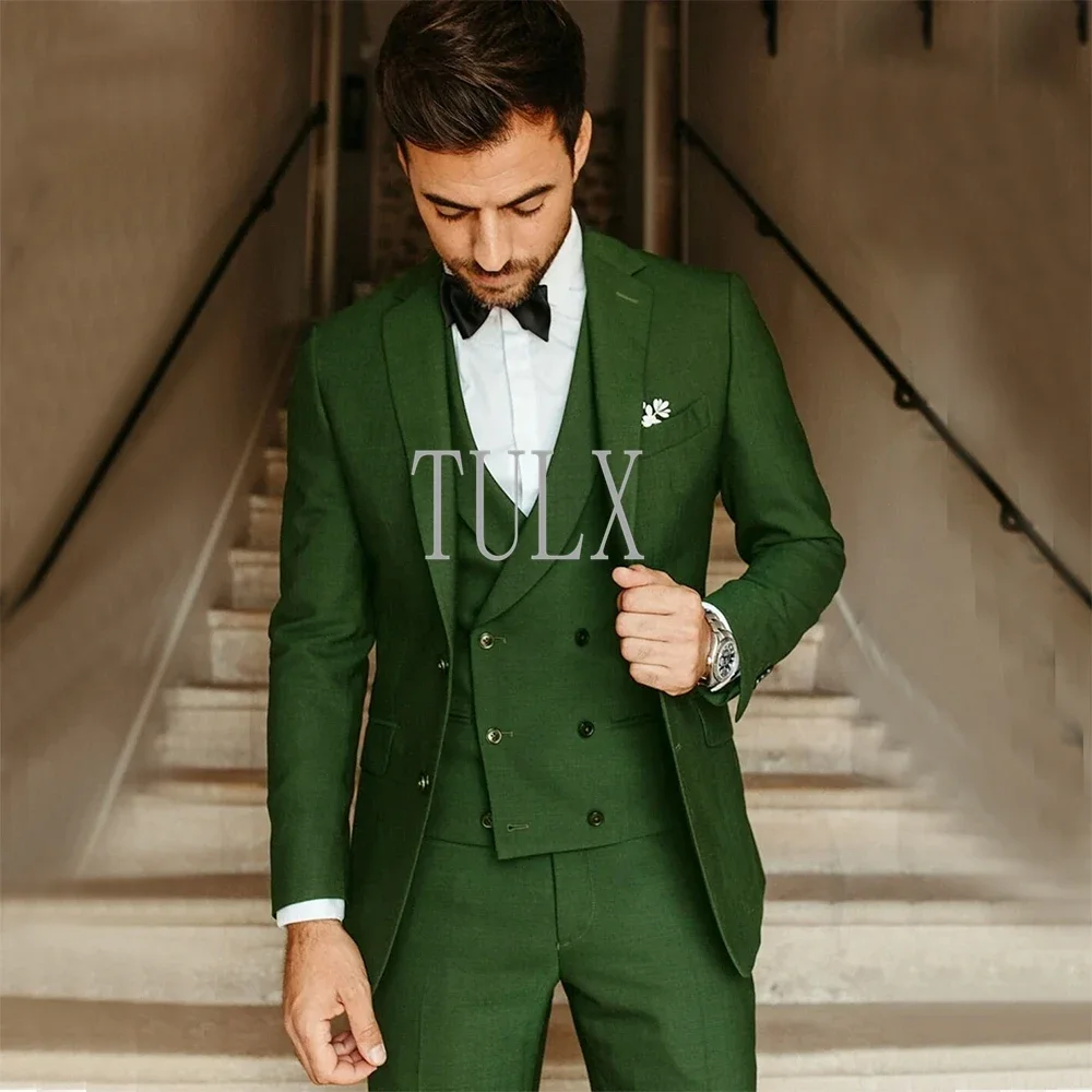Male Suit Army Green Groom Tuxedos Party Suit Slim Fit Business Casual Jacket Sets 3 Piece （Blazer + Vest + Pants）Costume Homme