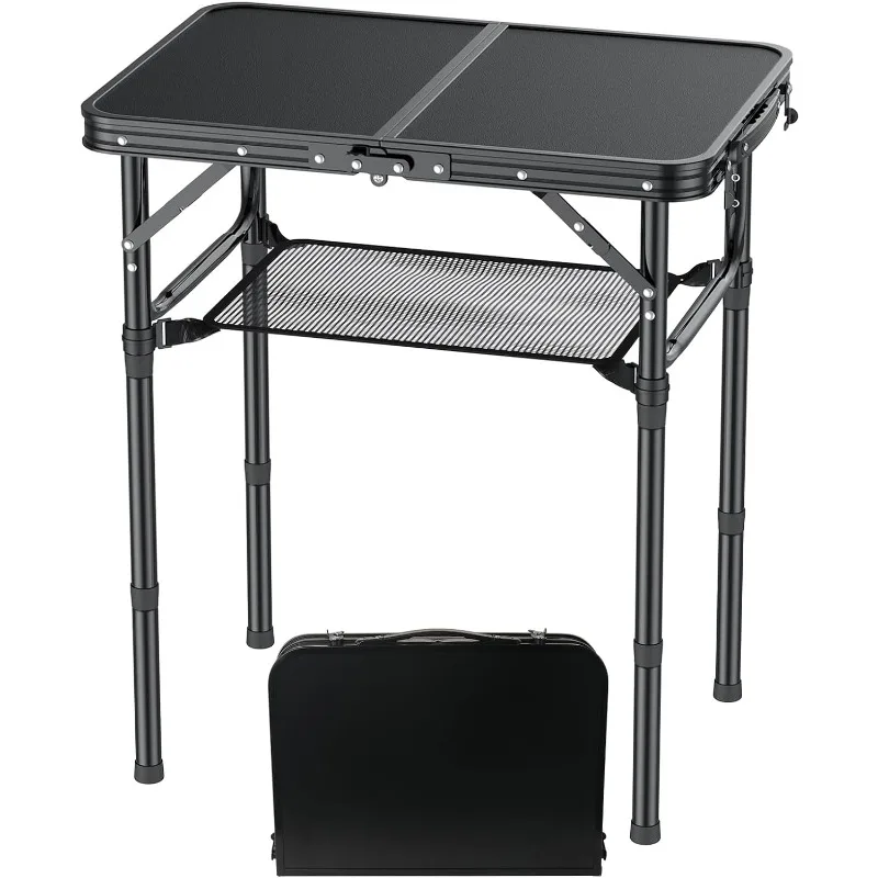 Small Folding Camping Table with Detachable Net, Pure Black Aluminum Portable Picnic Table 23" x 15.7",Adjustable 3-Level Height