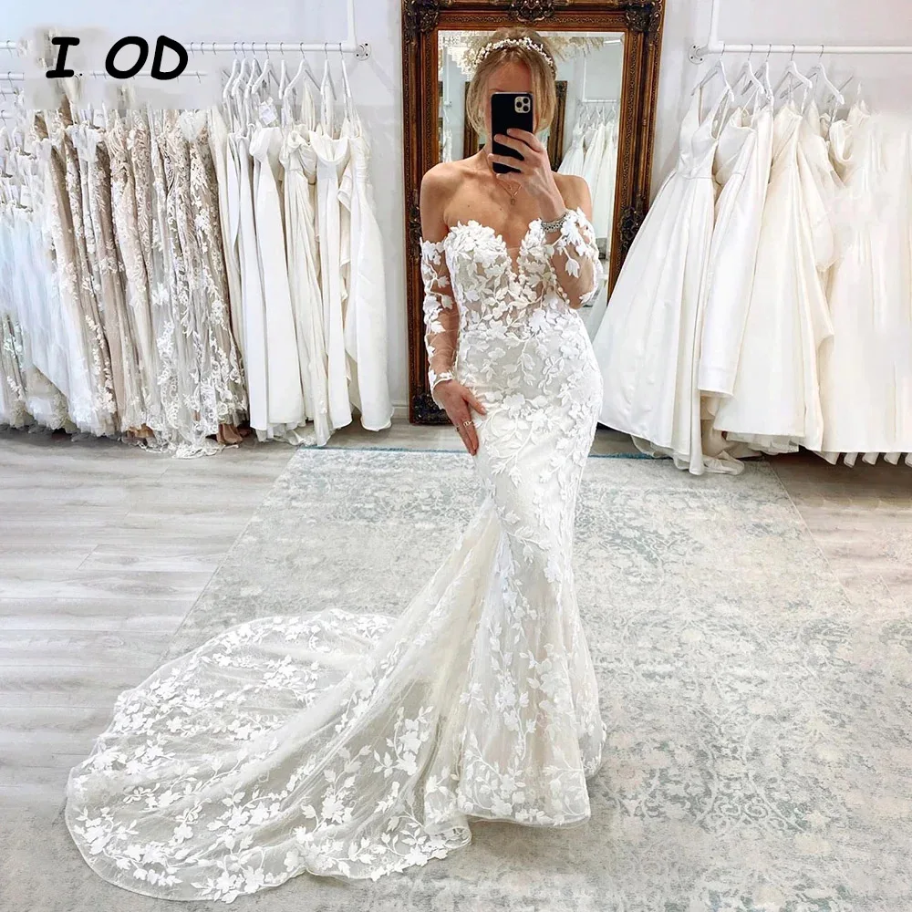 

I OD Elegant Mermaid Wedding Dress 3/4 Sleeves Sweetheart Illusion Back Bridal Gown Floor Length Vestidos De Novia Custom Made