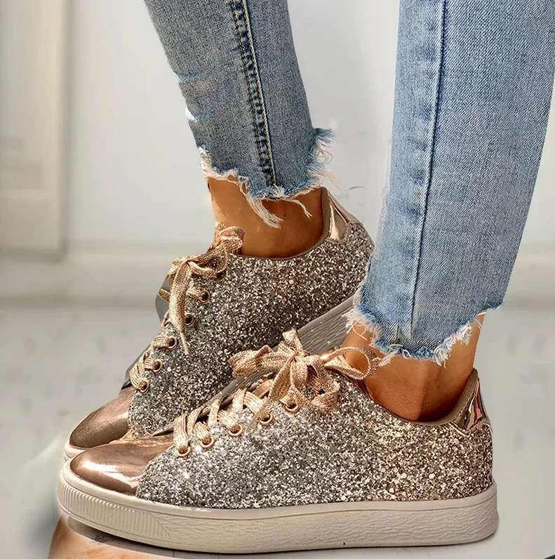 Wome Sneakers Bling Golden Shoes Casual - Uniqwear