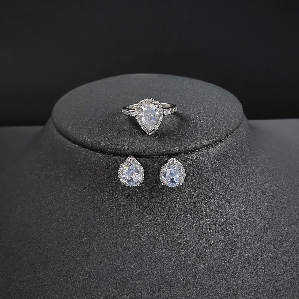 2pcs Pack Real silver color bride pear zircon jewelry set Engagement ring stud earring for Wedding christmas gift J1473