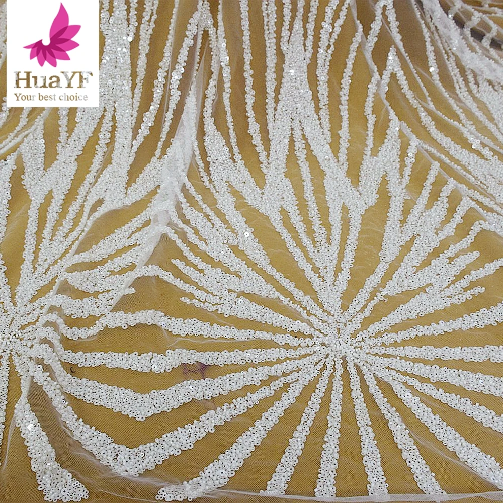 

Modern Style Heavy Beads Tulle Lace Net Sequins Fabric For Bridal Wedding Dress HY1800