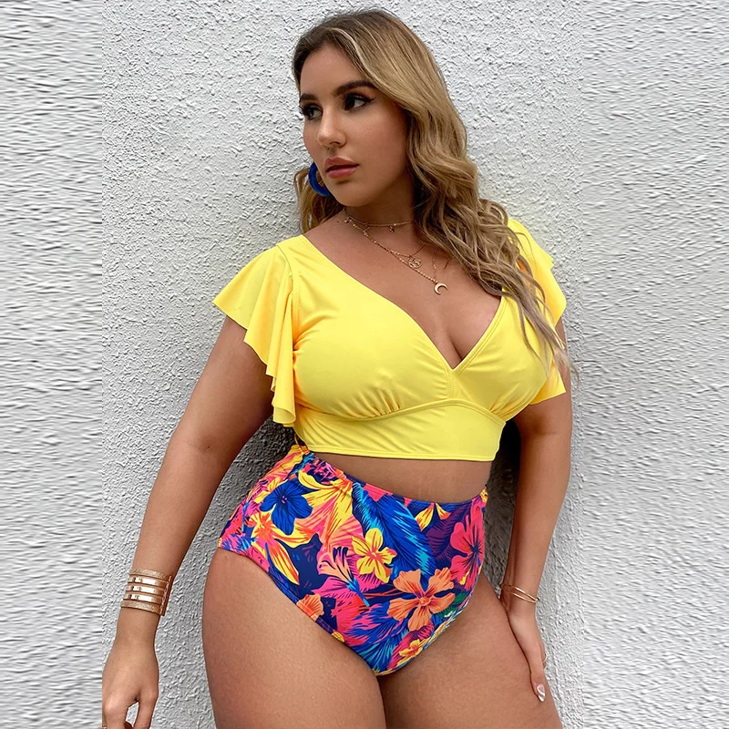 2023 New Large Split Swimsuit With Deep V Flash Cuffs And High Waist Digital Print Swimsuit Swimwear Plus Size 4XL