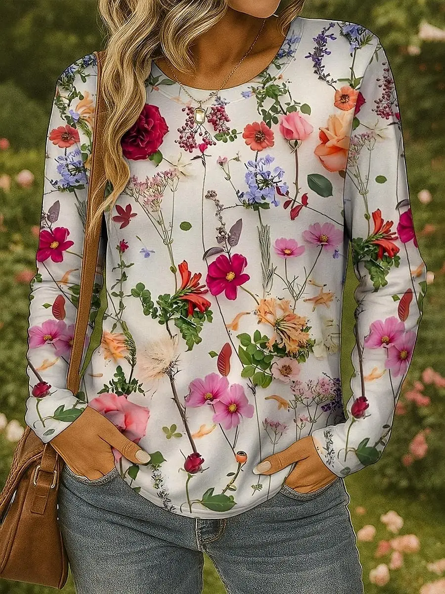 T-shirt da donna con stampa floreale colorata 3D Moda manica lunga girocollo Top regolari Vacanza fine settimana Primavera Autunno 1