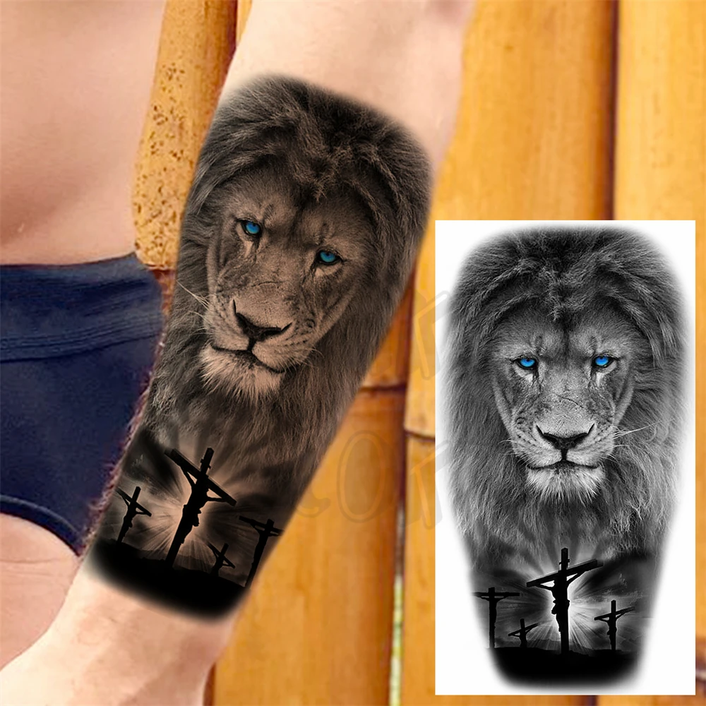 Realistic Lion Eyes Arm Temporary Tattoos For Women Adult Men Lion Compass Crown Cross False Tattoo 3D Waterproof Tattoo Sticker 5