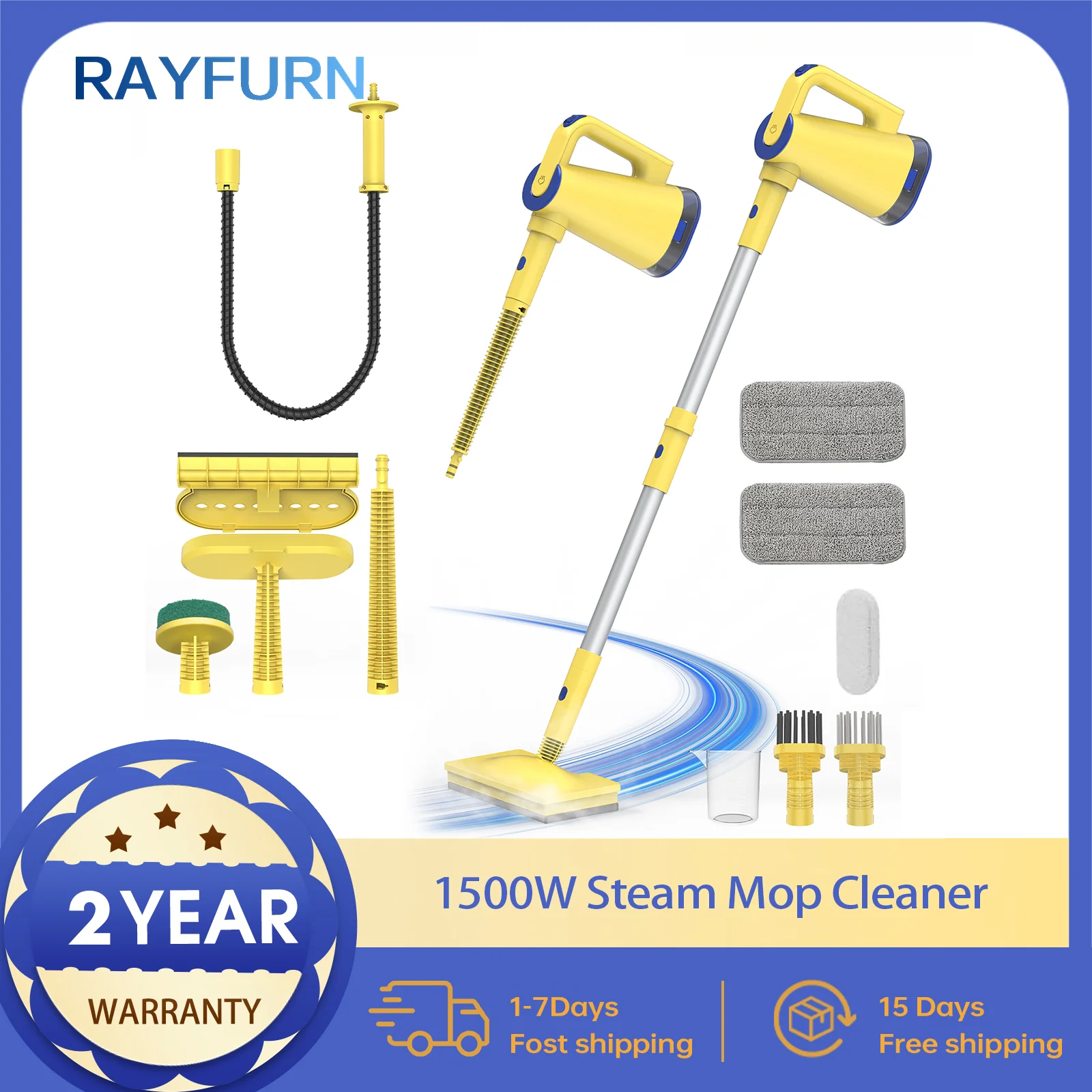 RAYFURN 1500W 150° Steam Mop Cleaner 6-in-1 Floors Steam Machine 120° Rotating Mop Head, Machine Steam Mop All Floors 1