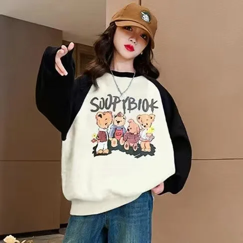 Girls' Spring Autumn Sweatshirts Kids Sports Pullover O-neck Long Sleeve Top Loose Causal Cartoon Bear Printing Clothing