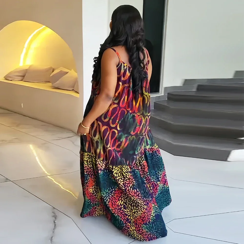 European And American Spring And Summer Fashion Pattern Print Pocket Suspender Loose Dress African Dresses For Women Plus Size