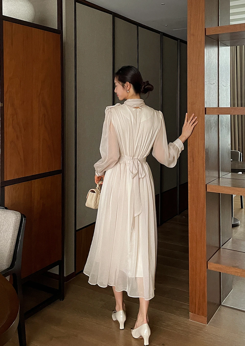 Elegant Midi Dresses for Women Long Sleeves Half High Collar Lace-up A-line Korean Fashion Autumn New One Piece Vestido Mujer