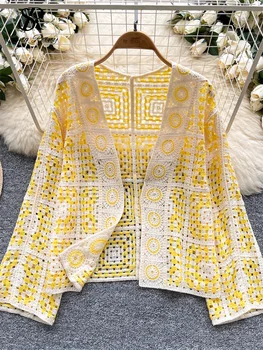 SINGREINY Vintage Boho Loose Plaid Cardigans Female Long Sleeves Hook Flower Hollow Tops 2025 Vacation Sunscreen Casual Shirt 1