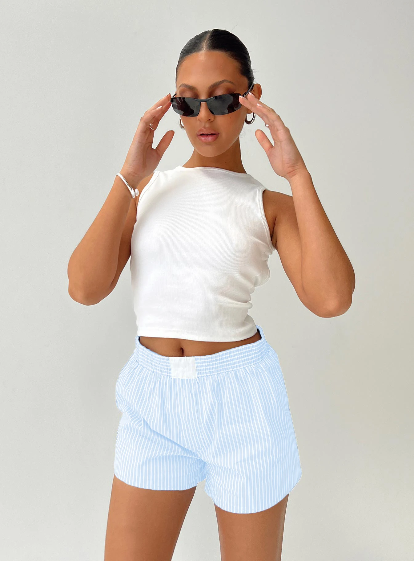 Women Summer Casual Pajama Shorts Kawaii Striped Boyshorts Elastic Loose Fit Button Lounge Bottoms Pj Y2K Home Suit_ecoleips.com