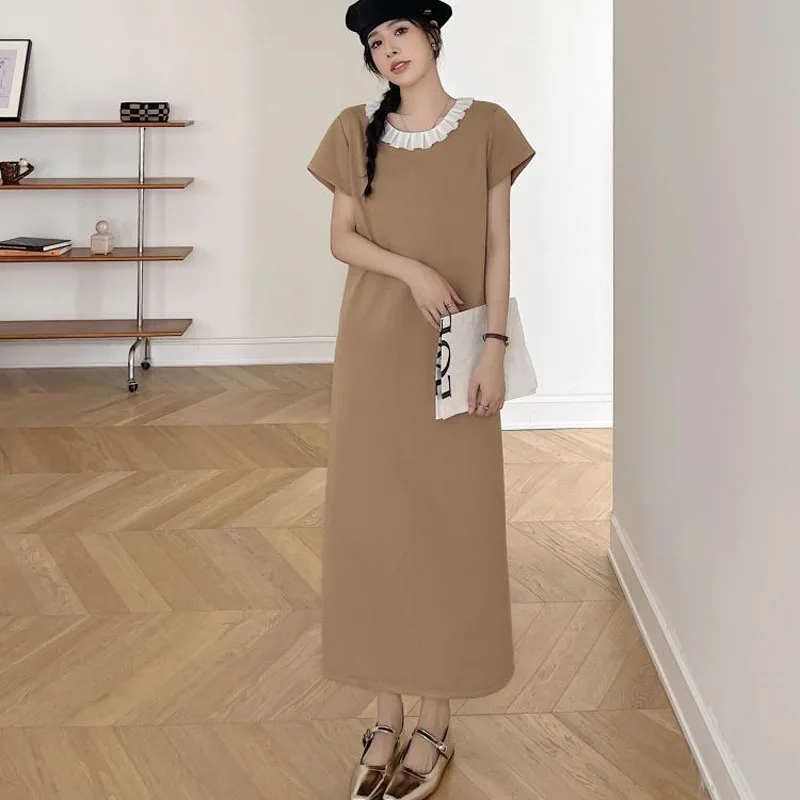Summer Maxi Long Pleated Dress for Women 2025 Loose Plus Size Short Sleeve  with Slit Lady Vestidos Robe KE3577 - AliExpress 200000345