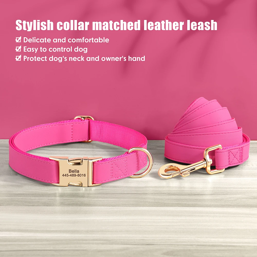 Engraved Leather Dog Collar And Leash Set For Small Medium Large Dogs_voghion.com