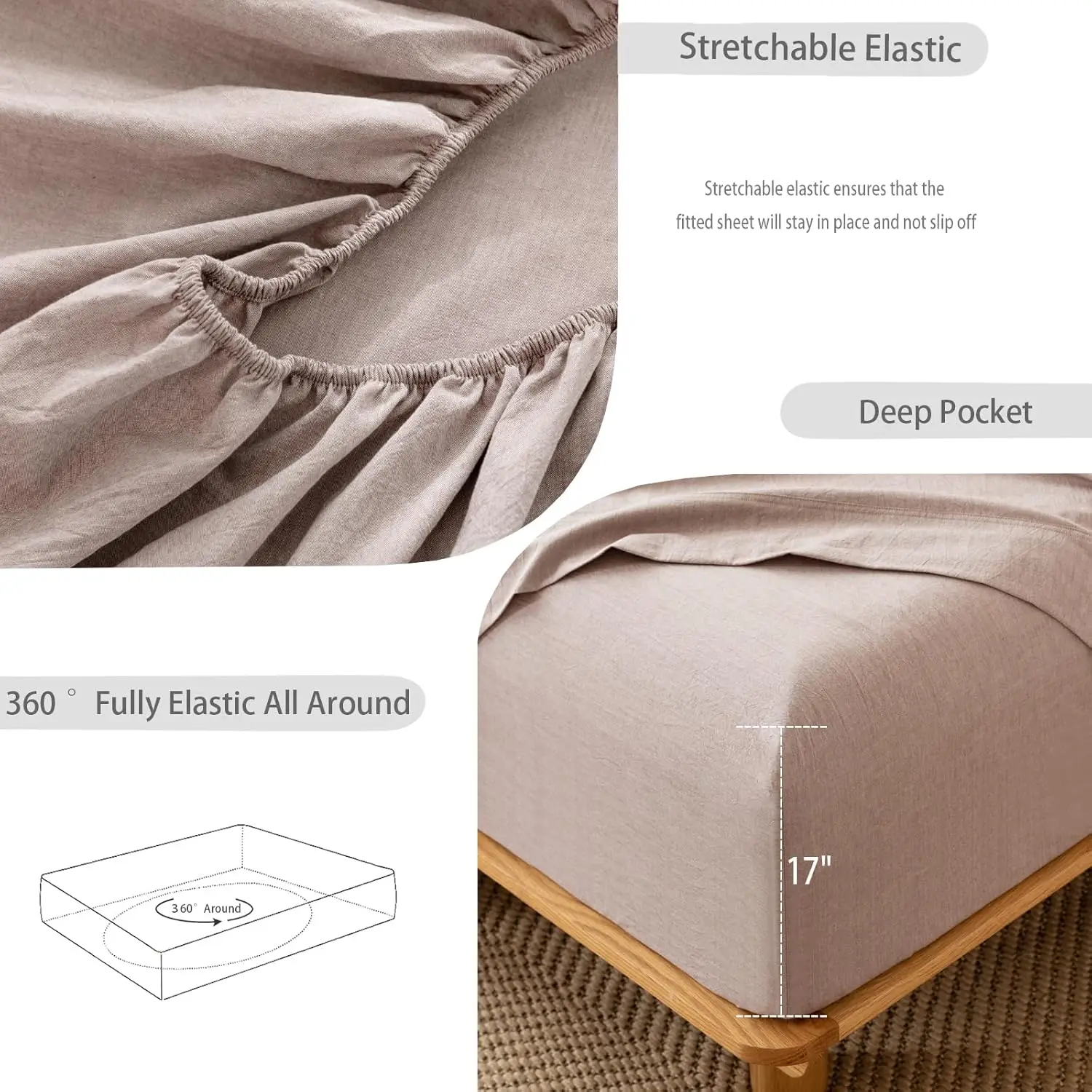 MooMee Bedding Sheet Set 100% Washed Cotton Linen Like Textured Breathable Durable Soft Comfy (Mauve Brown, King) 5