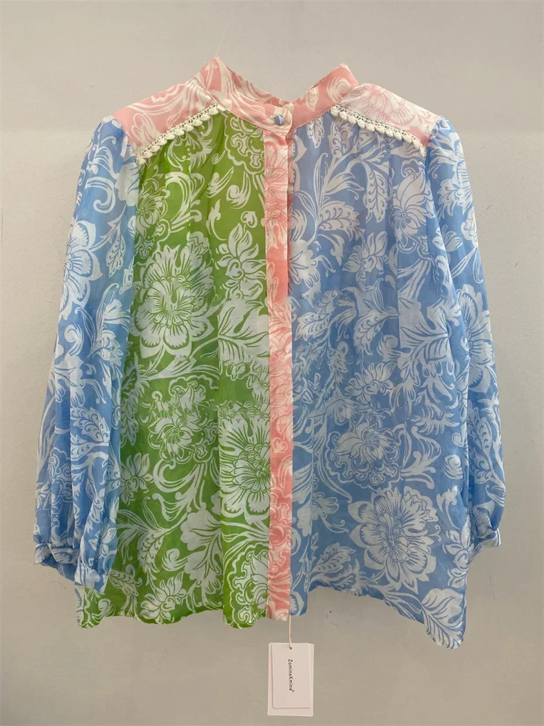 

Женская рубашка с длинным рукавом и воротником-стойкой, в стиле пэчворк