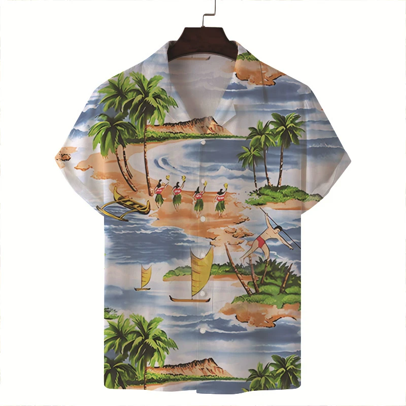 thumbnail image 1 of Camisetas hawaianas con estampado 3D de árboles tropicales, camisetas casuales de manga corta de verano para mujer, ropa 2024, blusas con botones de solapa para uso diario para hombre, 1 of 4