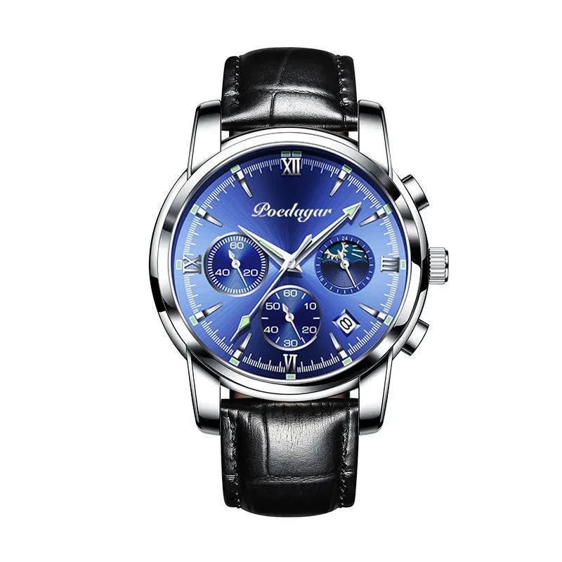 

POEDAGAR Popular Fashion Waterproof Nightlight Multifunctional Men's Quartz Watch Three Needle Calendar Moon Phase Timing